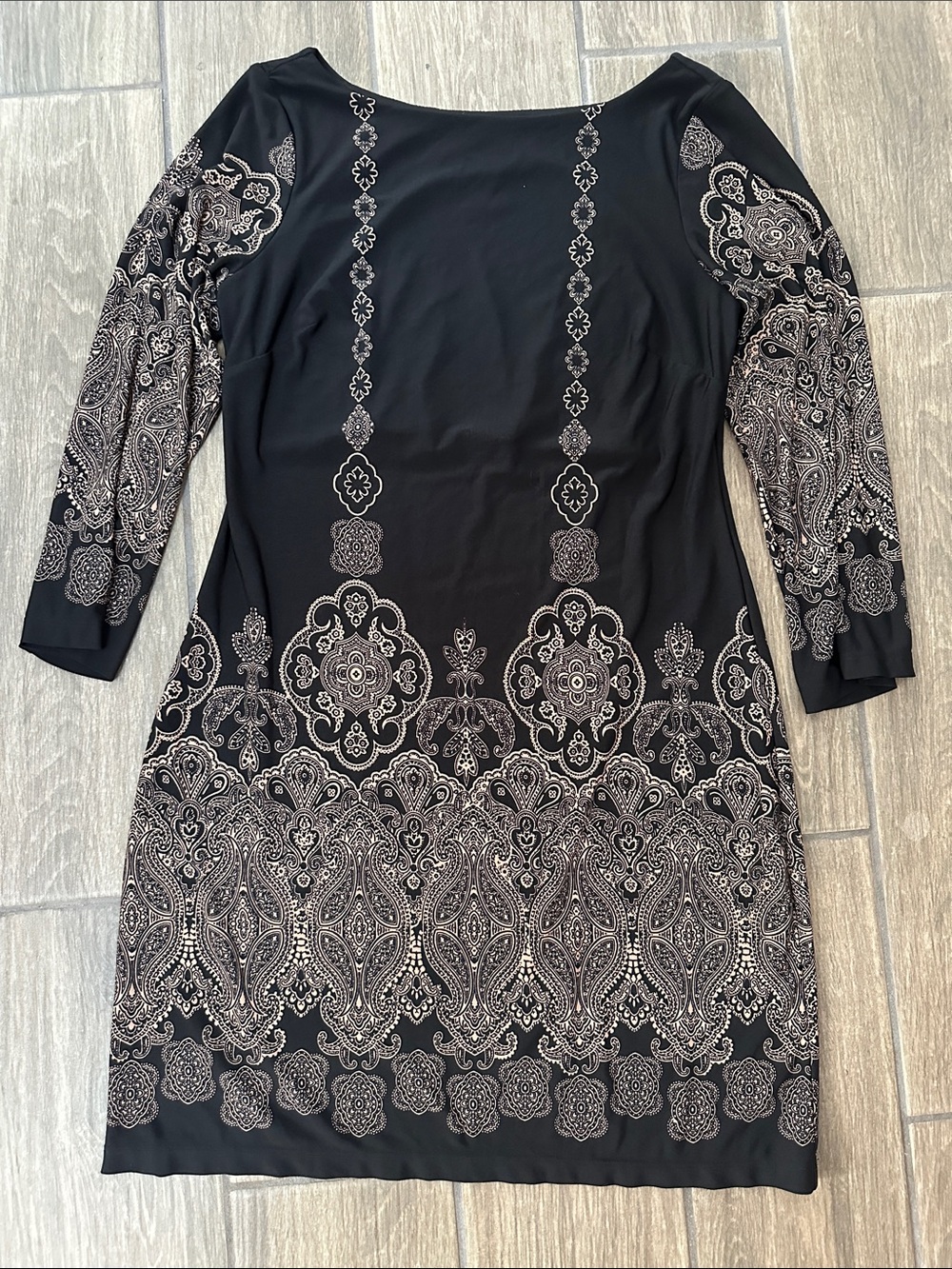 Enfocus Studio Black Dress with Taupe Paisley Medallion Print, size 8P